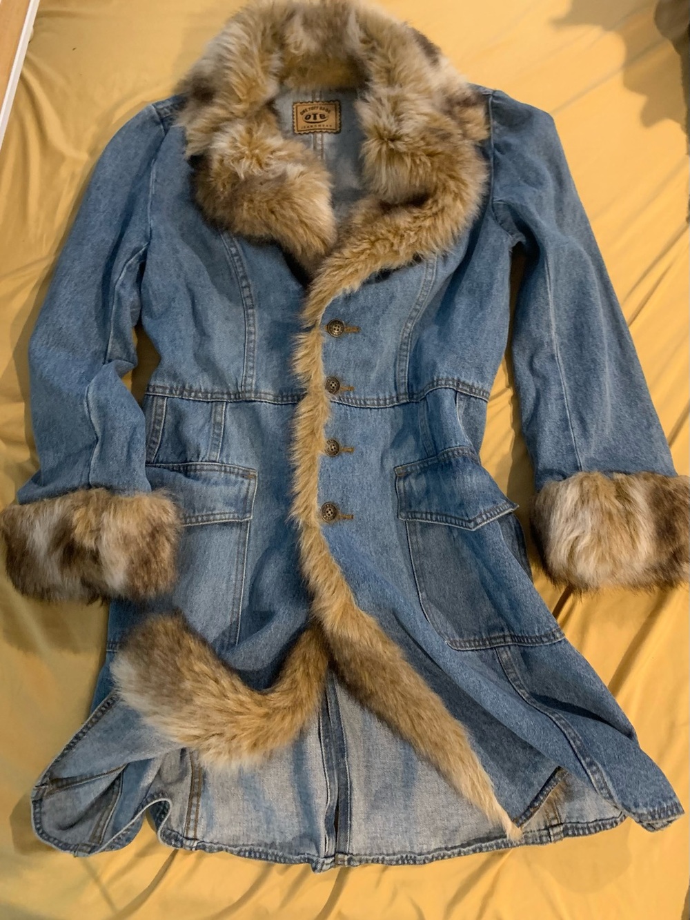 OTB Vintage Y2K Denim Penny Lane Trench Coat Faux Fur Trim Boho Afghan Jacket L - Picture 12 of 13